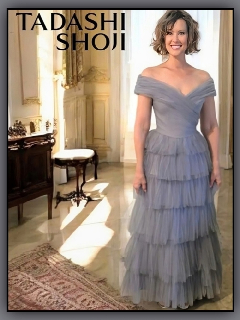 NWOT TADASHI SHOJI Taro Off The Shoulder Tulle Smoky Grey Gown  Size 8